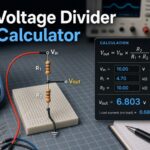 Voltage divider calculator showing two series resistors, Vin and Vout labels, and a calculation display.