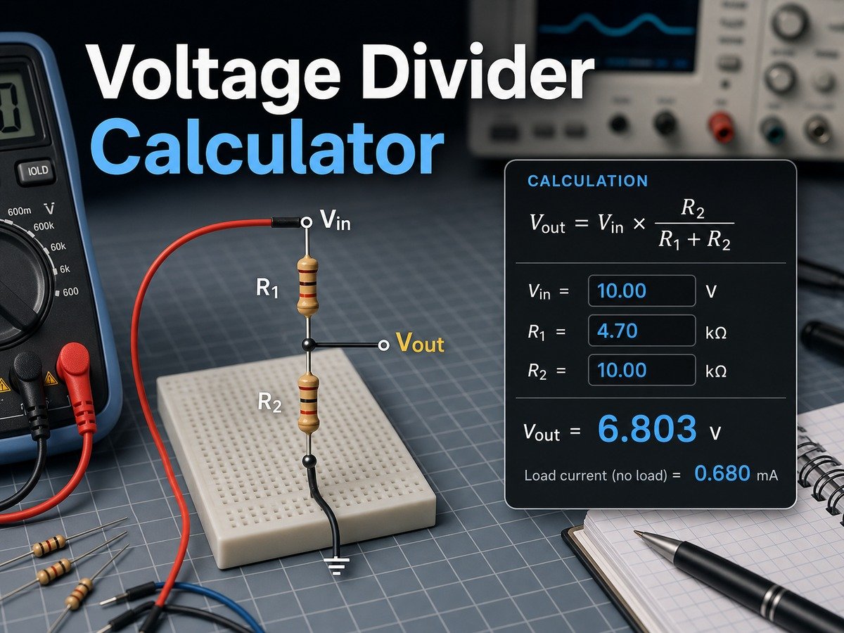 Voltage divider calculator showing two series resistors, Vin and Vout labels, and a calculation display.