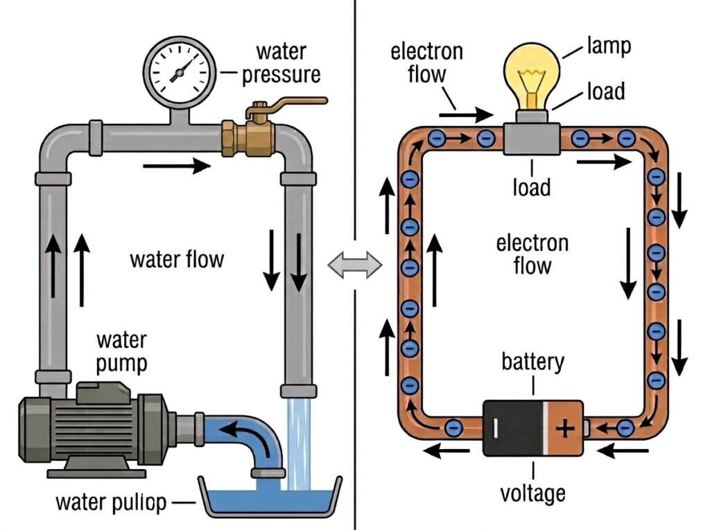 Educational analogy comparing water pressure (voltage) and water flow (current) to an electrical circuit with a battery and light bulb load.