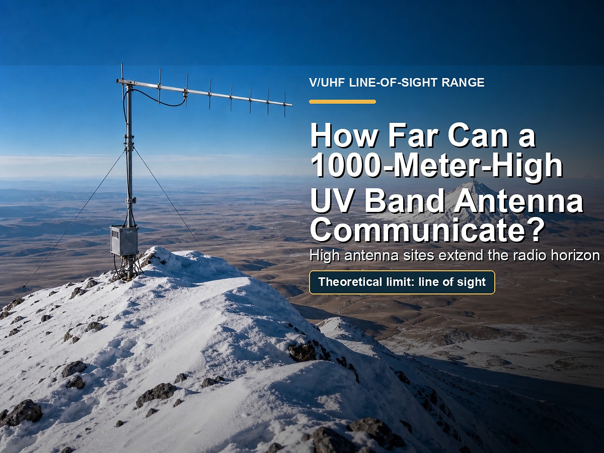 Feature image showing a snowy high-altitude radio station with a 70 cm Yagi antenna, distant terrain, and the title How Far Can a 1000-Meter-High UV Band Antenna Communicate?