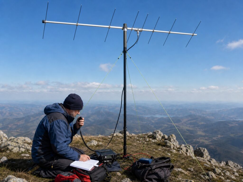 A ham radio operator on a mountain summit uses a handheld microphone beside a portable transceiver, battery pack, logbook, backpack, and guyed VHF/UHF dual-band Yagi antenna mast with slanted elements.