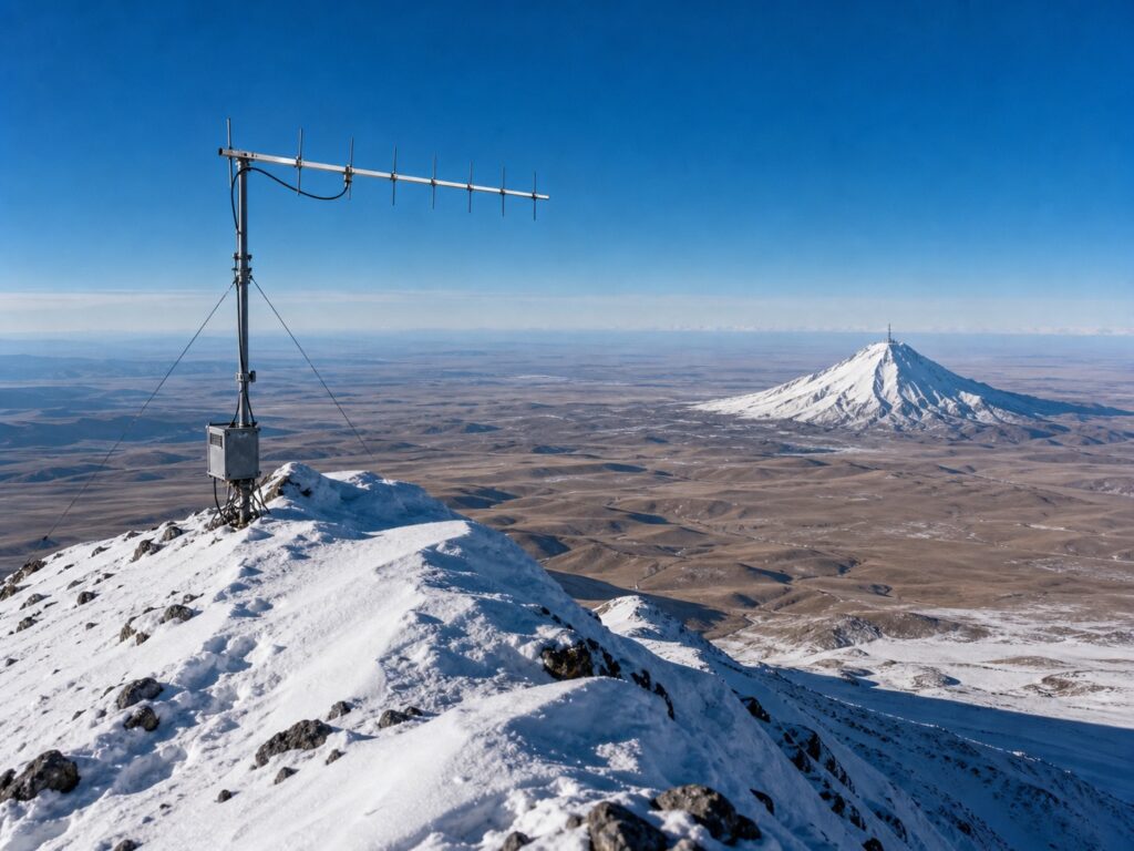A snowy high mountain radio station with a compact 70 cm ham-radio Yagi antenna looks across a wide plain toward a distant snow-covered summit.