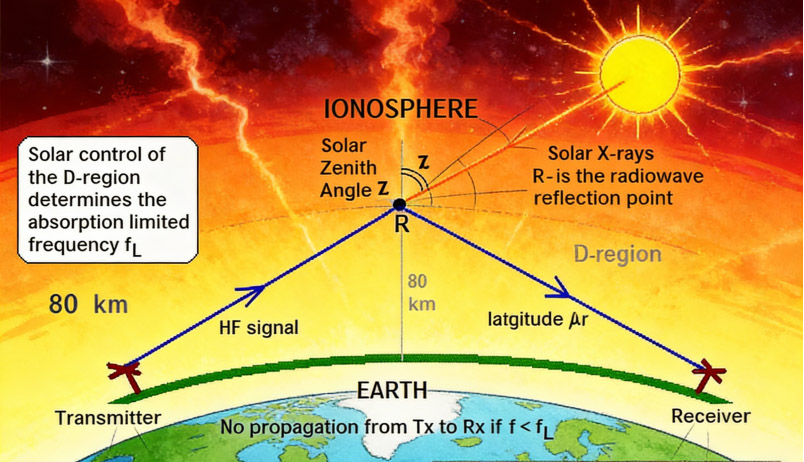 A technical diagram showing an HF signal path reflecting from the ionosphere between a transmitter and receiver on Earth.