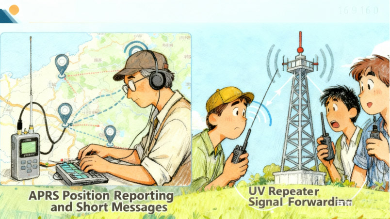 An illustration showing APRS position reporting and UV repeater signal forwarding through handheld radios and a repeater tower.