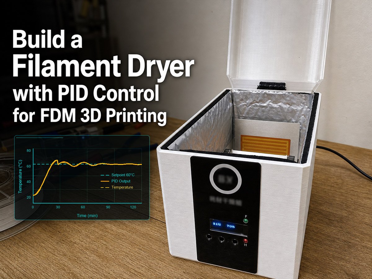 DIY PID-controlled filament dryer dry box with open lid, foil insulation, orange PI heater plate, OLED display, red and green status LEDs, and PID temperature history chart.