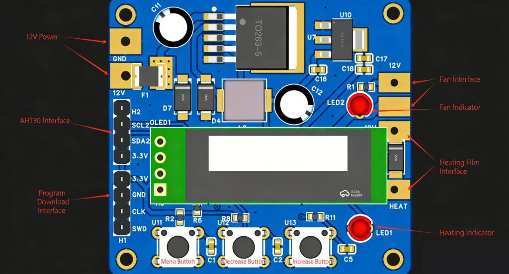 Labeled PCB of PID filament dryer showing power input, sensor, heater and fan interfaces