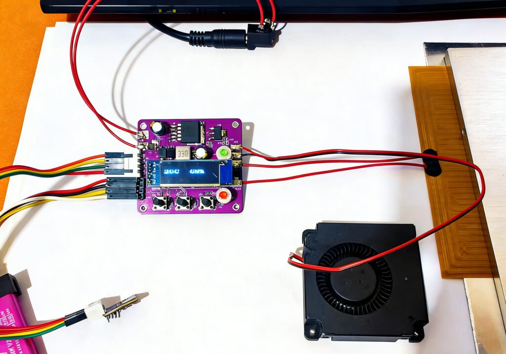 Internal electronics layout of PID filament dryer showing PCB, LEDs and wiring connections