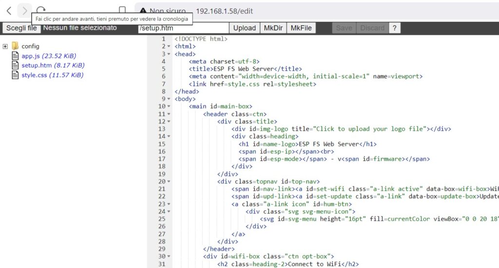 esp-fs-webserver browser file editor showing setup.htm source code, filesystem tree, upload, create file, and save controls