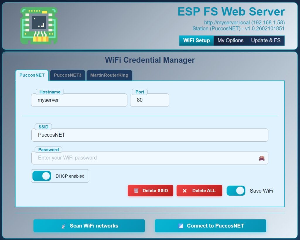 esp-fs-webserver WiFi setup page with network tabs, SSID field, password input, DHCP toggle, scan button, and connect button