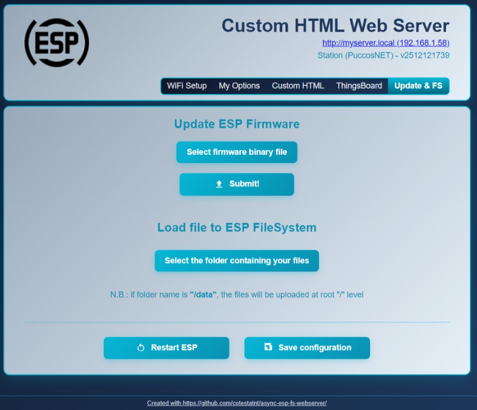 esp-fs-webserver update page with firmware upload, filesystem upload, restart ESP, and save configuration buttons