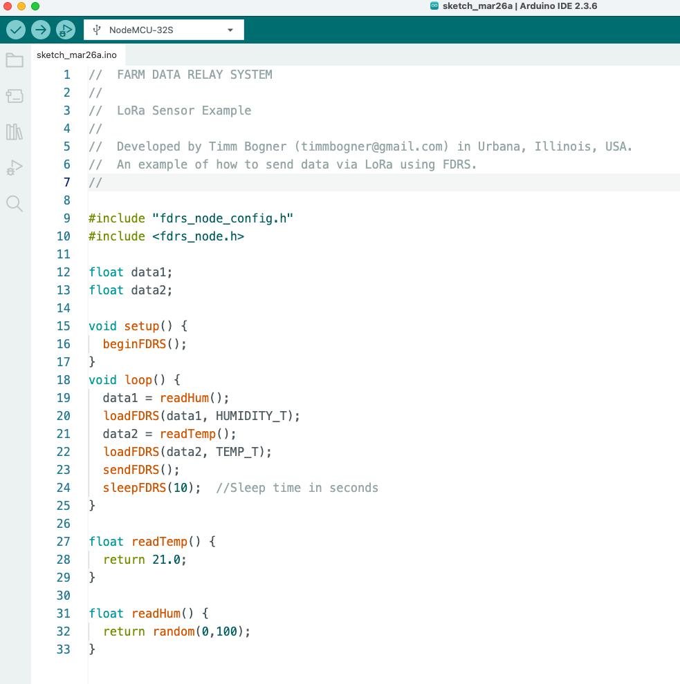 Arduino IDE showing FDRS LoRa sensor example code for ESP32 data transmission