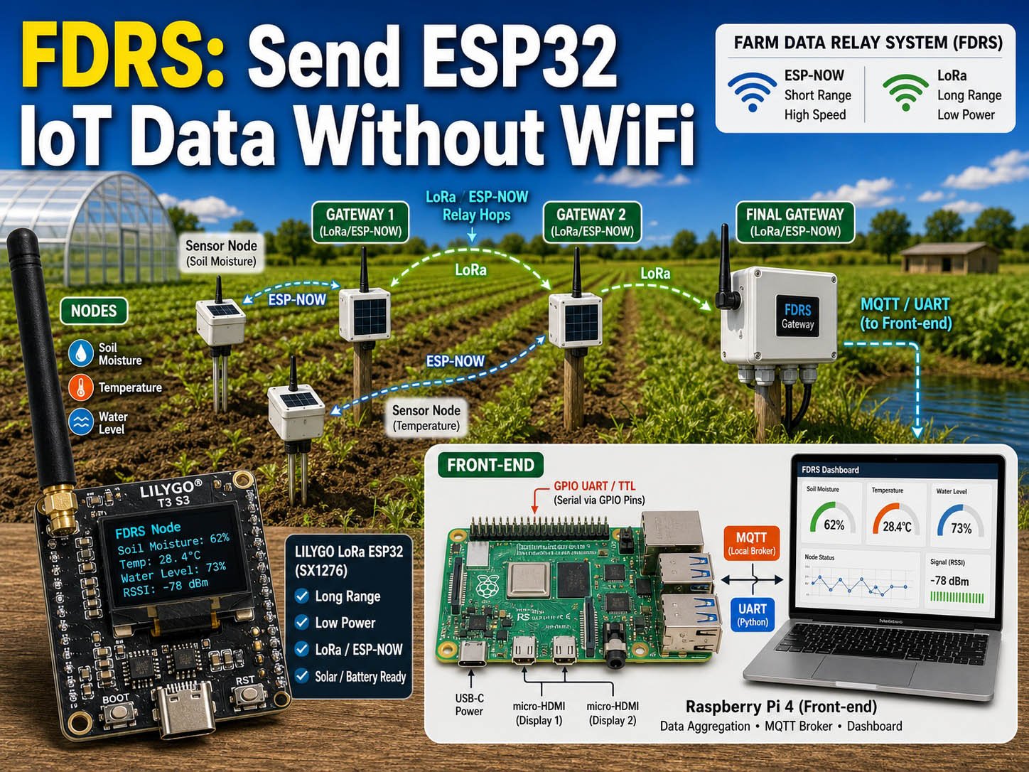 Farm Data Relay System diagram showing ESP32 LoRa sensor nodes, relay gateways, ESP-NOW and LoRa hops across a farm, plus a Raspberry Pi front-end dashboard connected through GPIO UART and MQTT.
