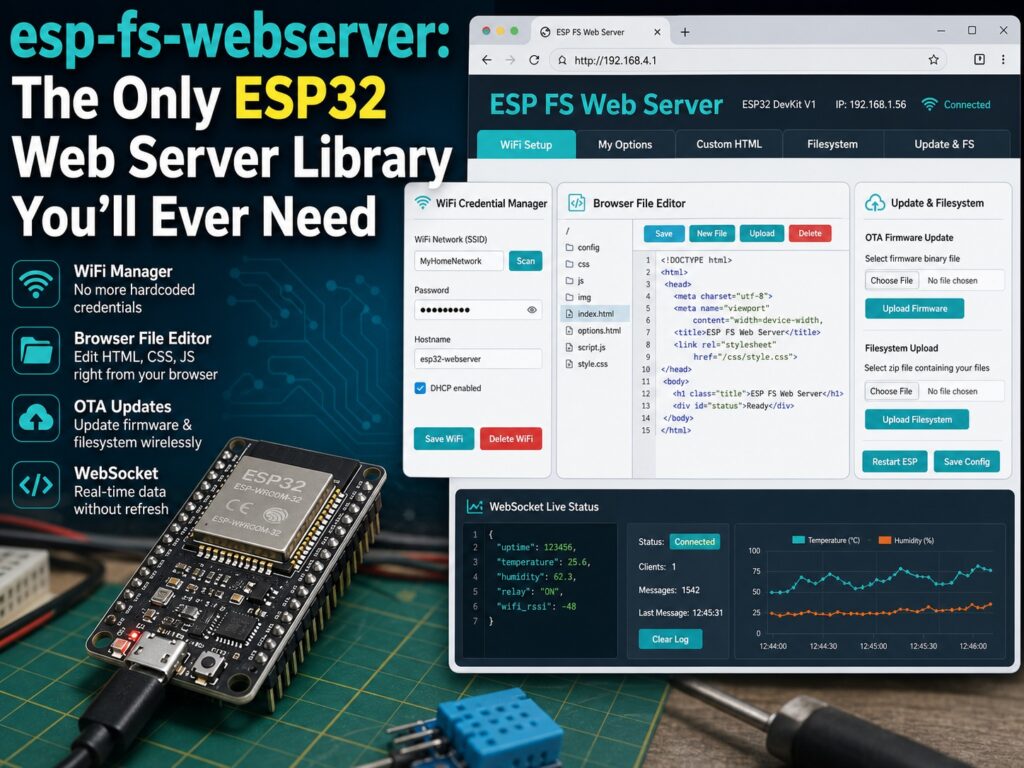 esp-fs-webserver ESP32 web server library feature image showing WiFi manager, browser file editor, OTA updates, and WebSocket support