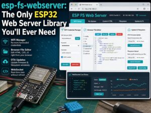 esp-fs-webserver ESP32 web server library feature image showing WiFi manager, browser file editor, OTA updates, and WebSocket support