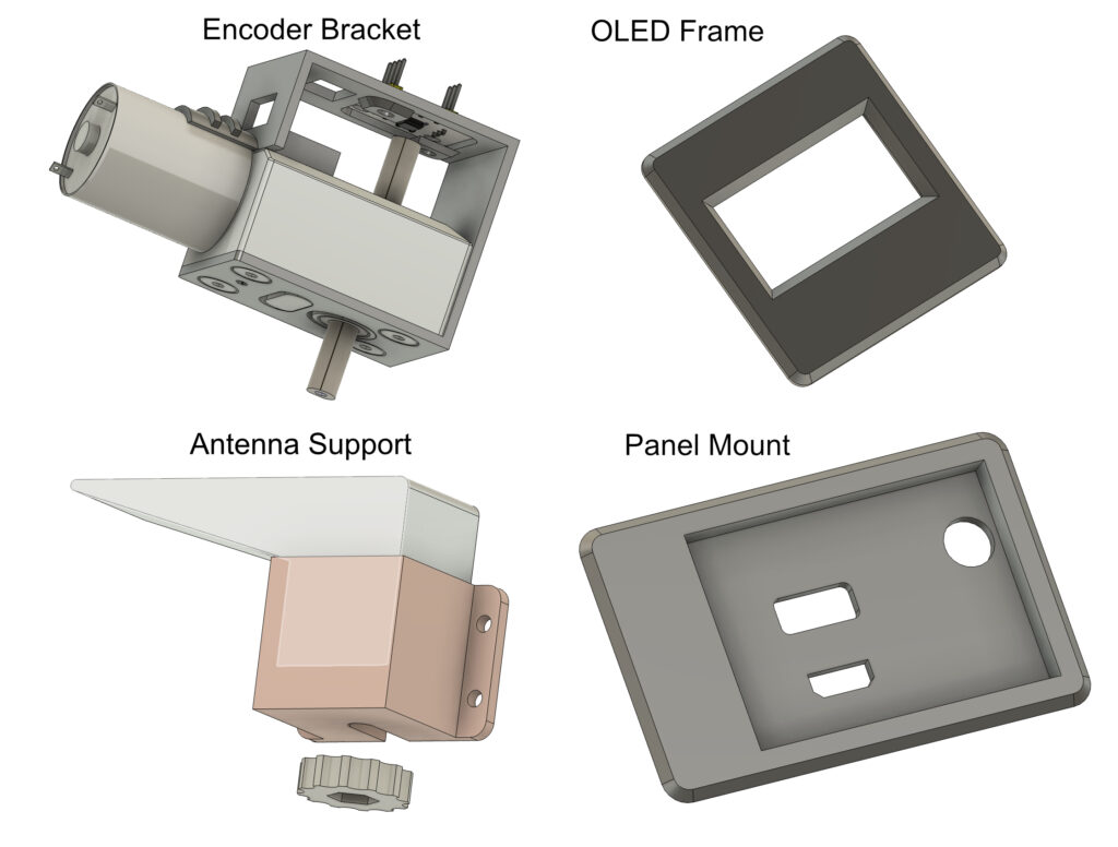 3D-printed parts for the AZ/EL antenna rotator, including encoder bracket, OLED frame, antenna support, and panel mount