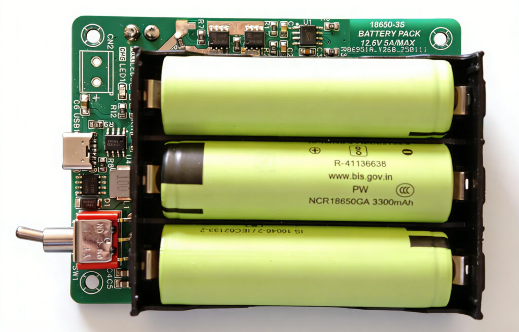 Assembled 3S 18650 battery board with battery holder, 18650 cells, USB-C port, XT30 connector, and toggle switch