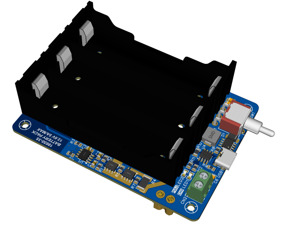 3D view of the 3S 18650 battery board PCB with battery holder, USB-C port, XT30 connector, and toggle switch