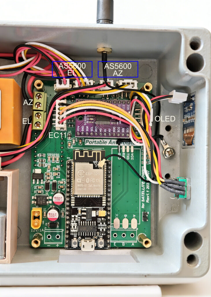 Main controller board installed in the AZ/EL antenna rotator enclosure with cables connected