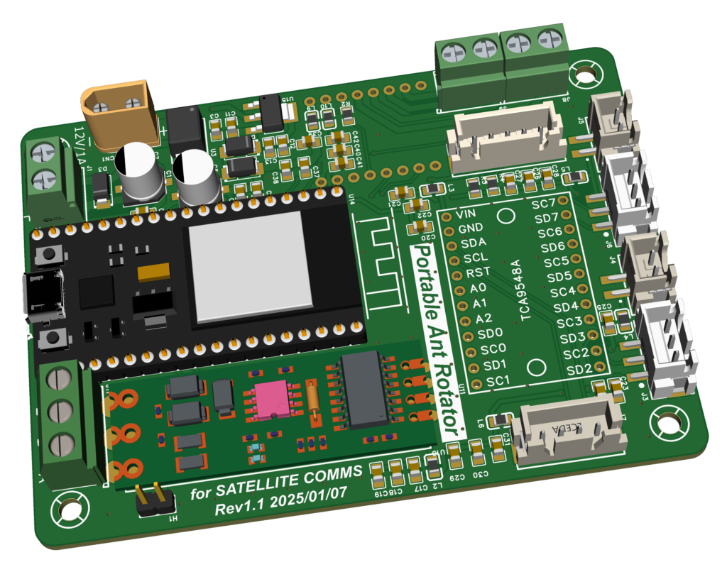 3D view of the AZ/EL antenna rotator main controller PCB showing component layout and connector positions