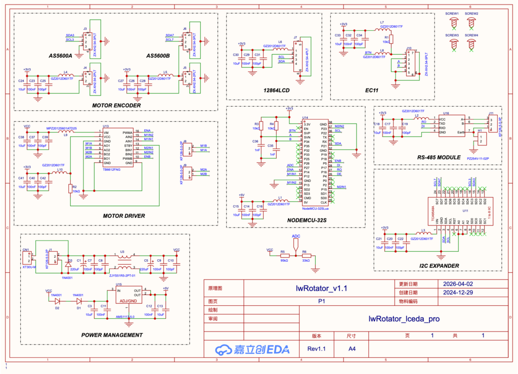 Schematic diagram of the AZ/EL antenna rotator main controller with ESP32, TB6612FNG motor driver, AS5600 encoders, and PCA9548A multiplexer