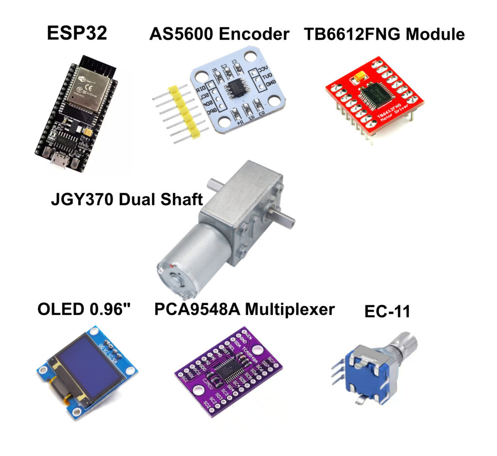 Core hardware parts for a homemade AZ/EL antenna rotator, including ESP32, motor driver, magnetic encoders, OLED, and DC gear motors