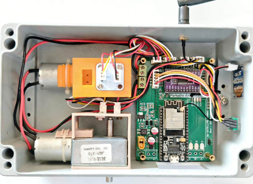 Internal view of the antenna rotator showing the controller board, EL motor, AZ motor, AS5600 encoders, and structured wiring