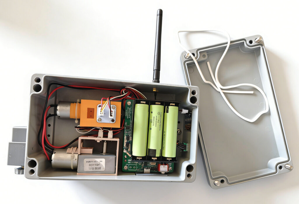 Open view of the portable amateur radio antenna rotator with lid removed, showing dual motors, ESP32 controller board, 18650 battery pack, and external antenna