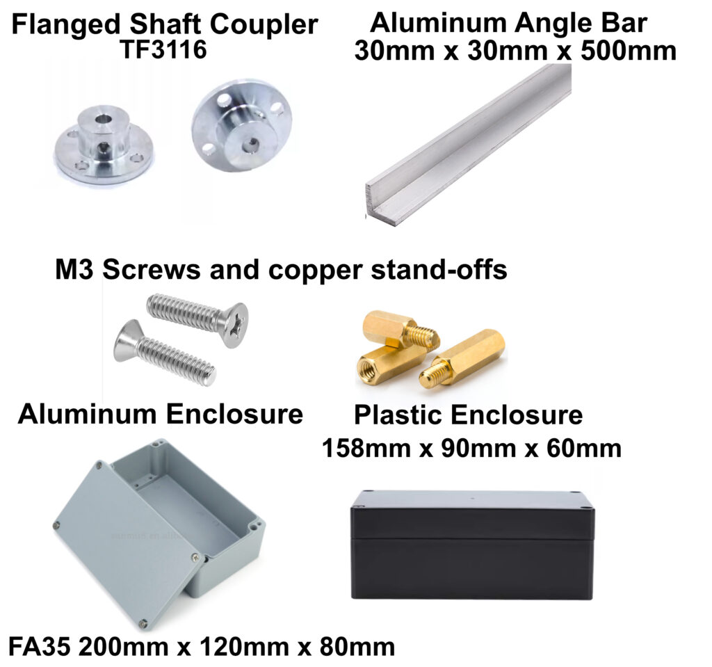 Mechanical parts for the AZ/EL antenna rotator, including aluminum angle bar, flanged shaft couplers, enclosures, and screws