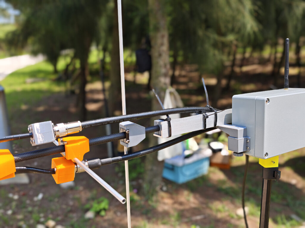 Close-up detail of the homemade U5V3 cross yagi coax connection for ham radio satellite QSOs
