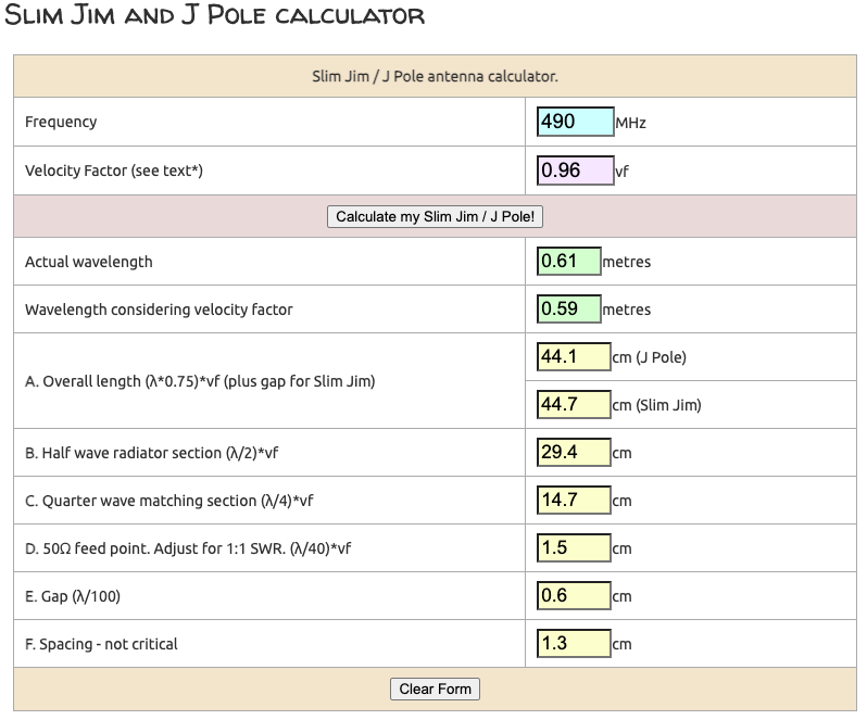 M0UKD J-Pole calculator showing dimensions for a 490 MHz LoRa antenna