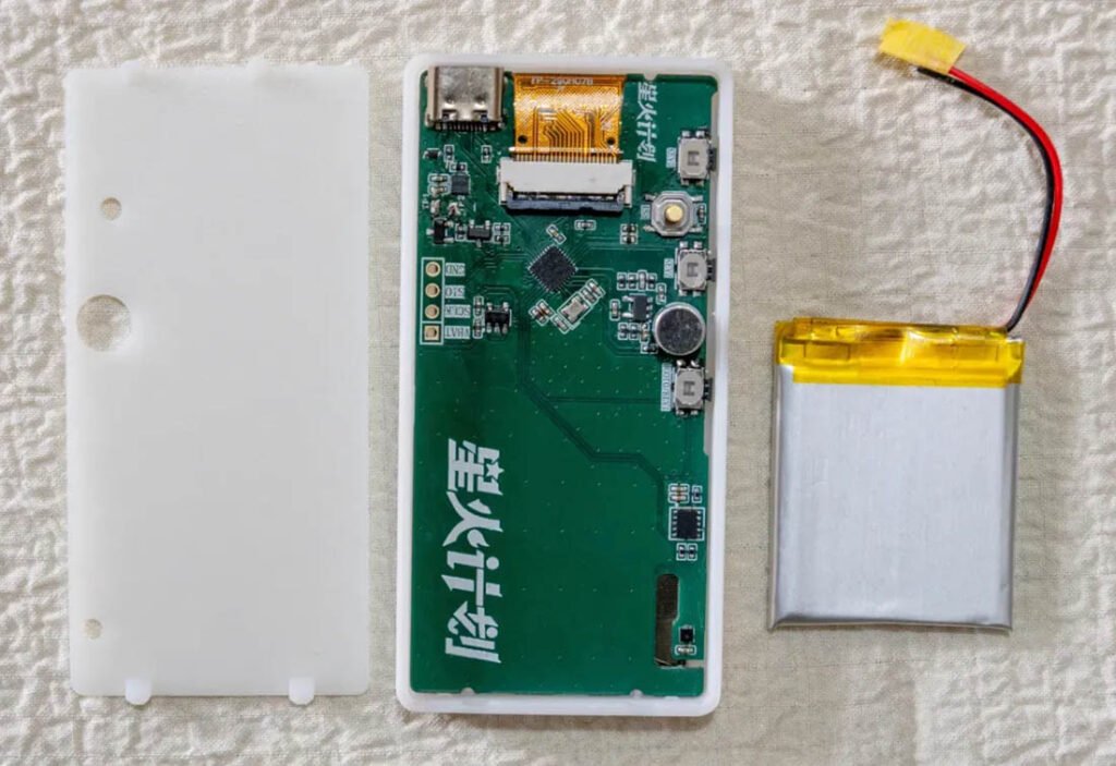 Music visualizer clock battery assembly with PCB, enclosure shell, and lithium battery