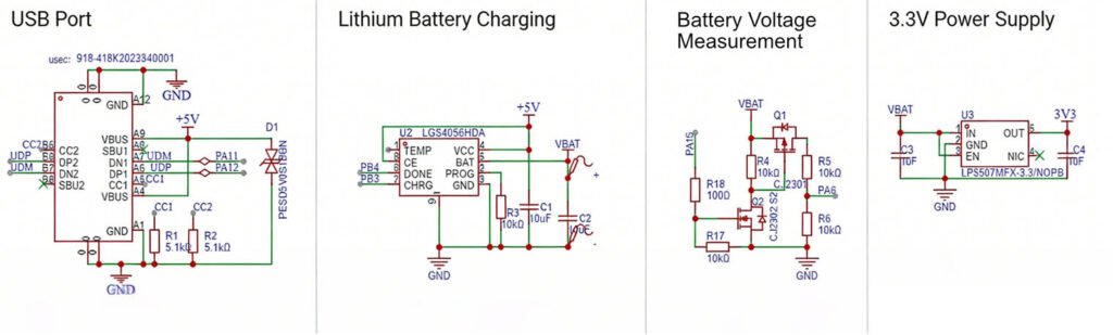 Power supply schematic for low-power music spectrum clock with USB-C, battery charging, and voltage regulation