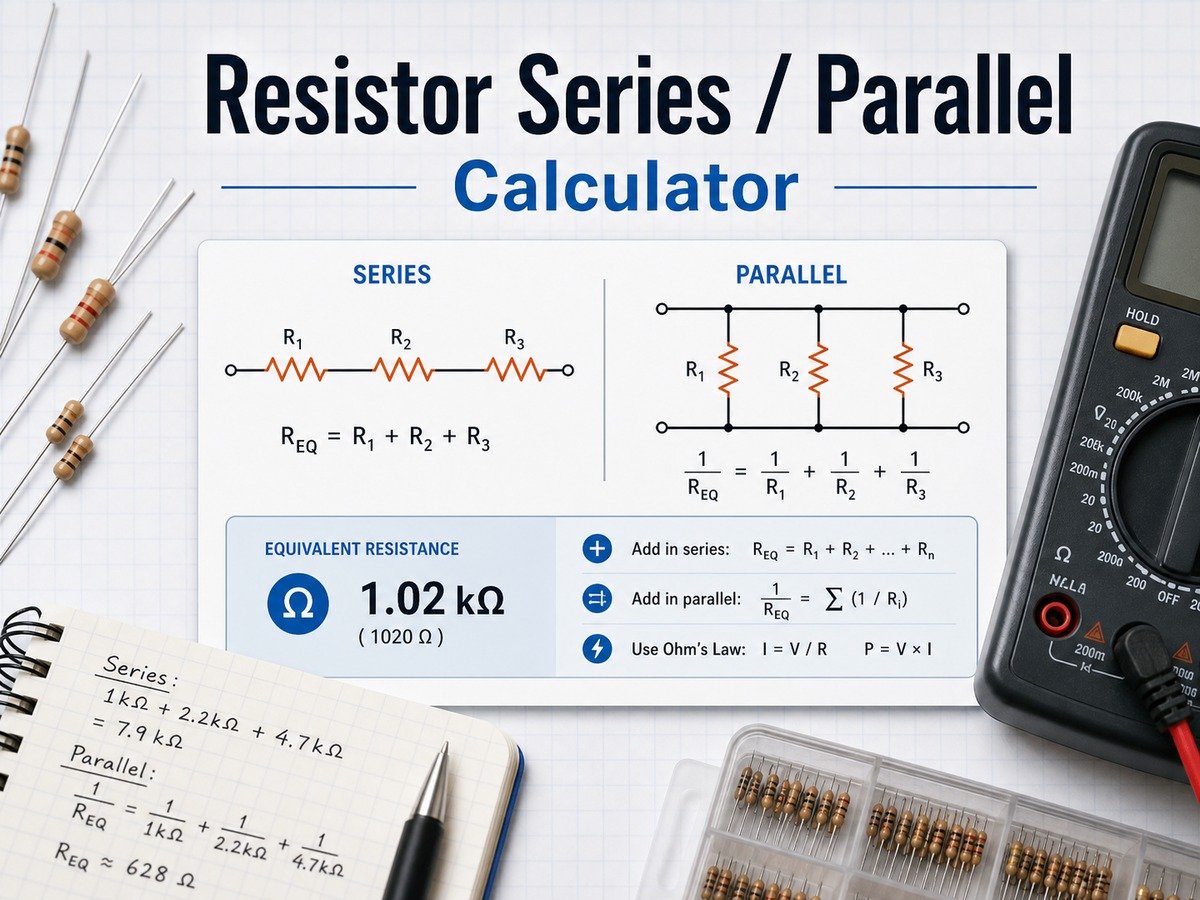 Resistor series and parallel calculator showing series and parallel resistor diagrams with an equivalent resistance result.