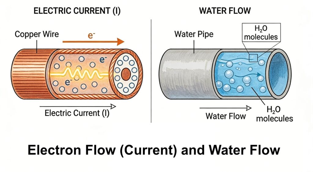 Cutaway views compare electron flow through a copper wire with water flow through a pipe.