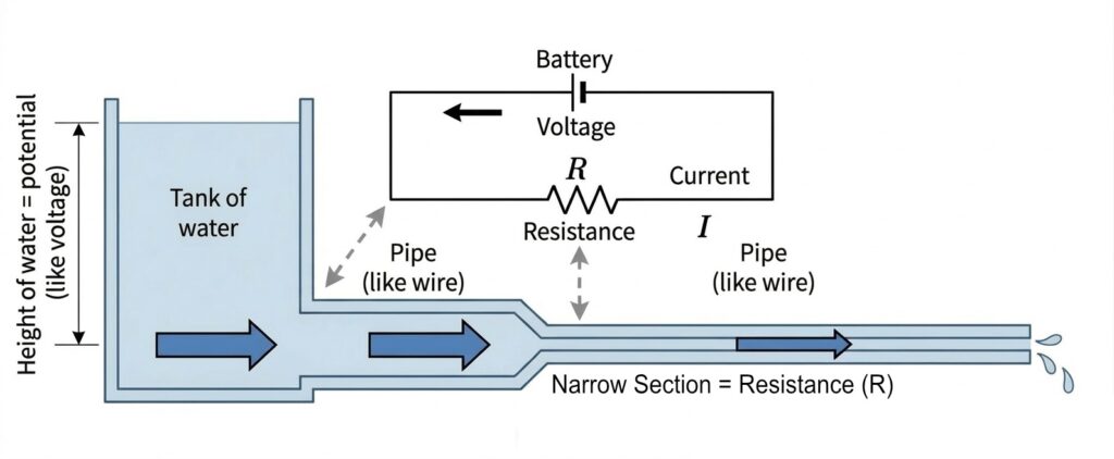 A raised water tank, restricted pipe, battery, and resistor compare hydraulic resistance with electrical resistance.