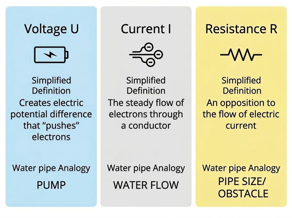 Three-column comparison of voltage, current, and resistance with their symbols and water-pipe analogies.