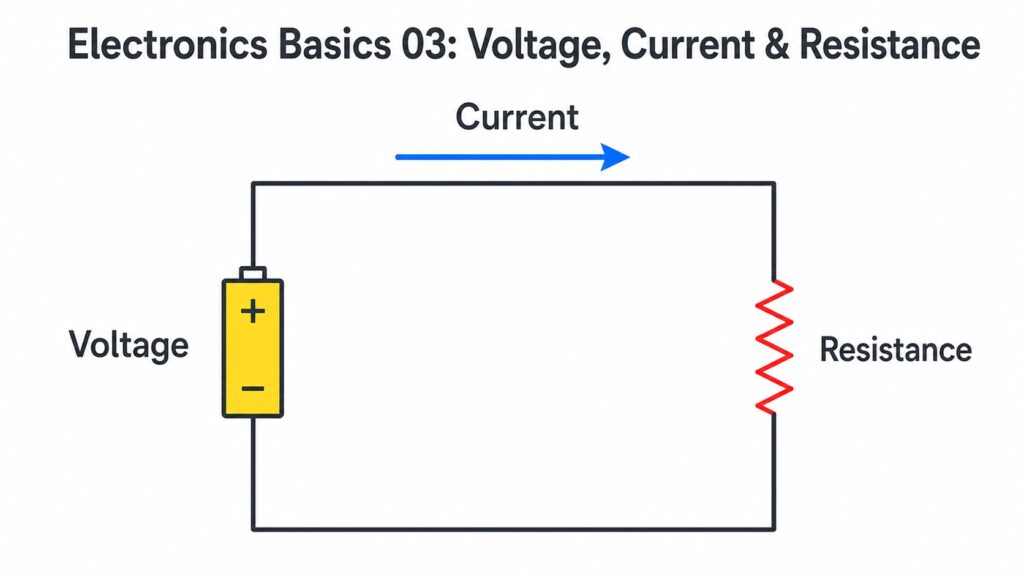 Simple circuit diagram identifying voltage, current, and resistance.