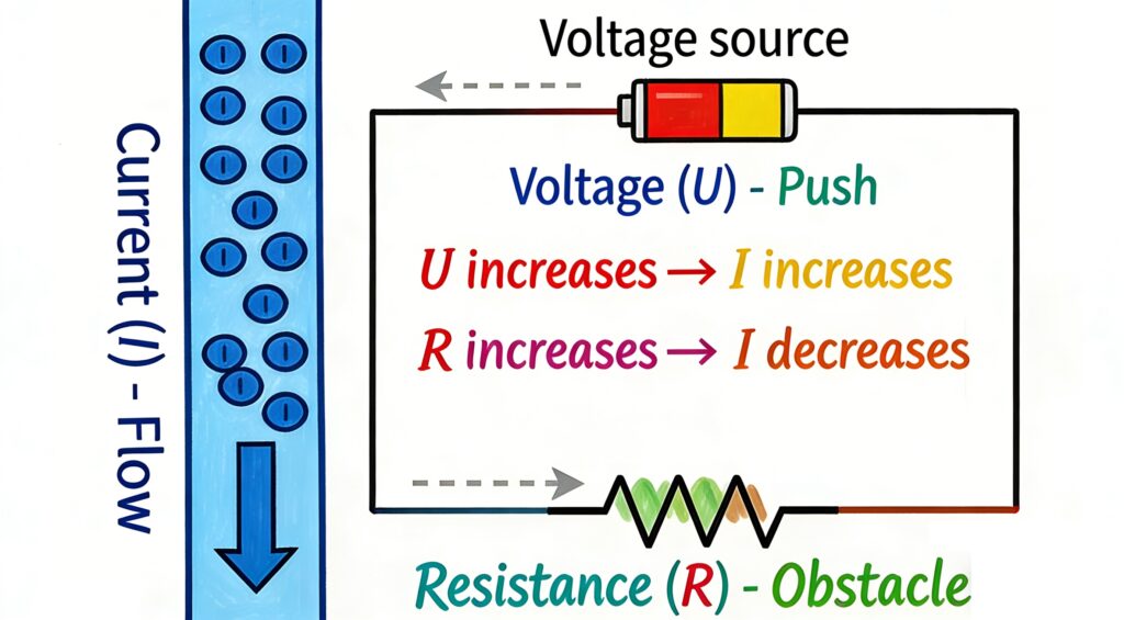 Diagram summarizes how voltage, current, and resistance are related in a simple resistive circuit.