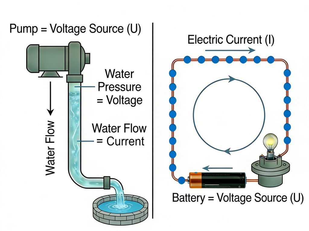 A water pump and a battery illustrate how pressure difference and voltage can drive flow in a closed path.