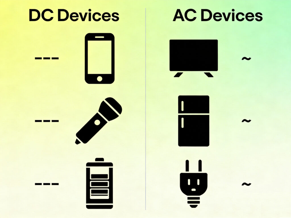 Examples comparing battery-powered DC devices with appliances connected to AC wall outlets.