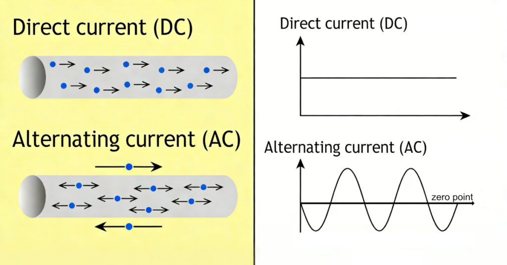Direct current moving one way and alternating current moving back and forth, with matching DC and AC waveforms.