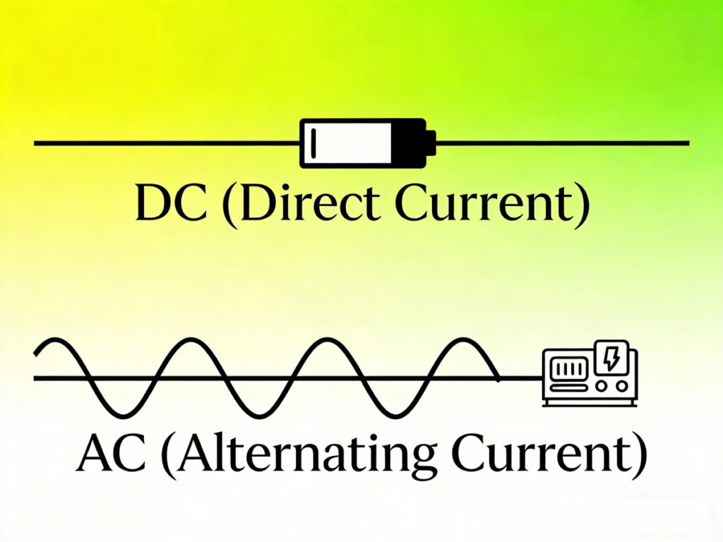 Waveform comparison showing DC as a steady horizontal level and AC as a sine wave crossing zero.