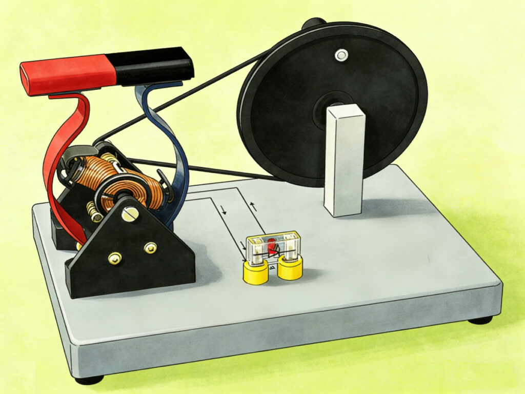 Demonstration generator with a rotating mechanism, coil, magnet, and output terminals.