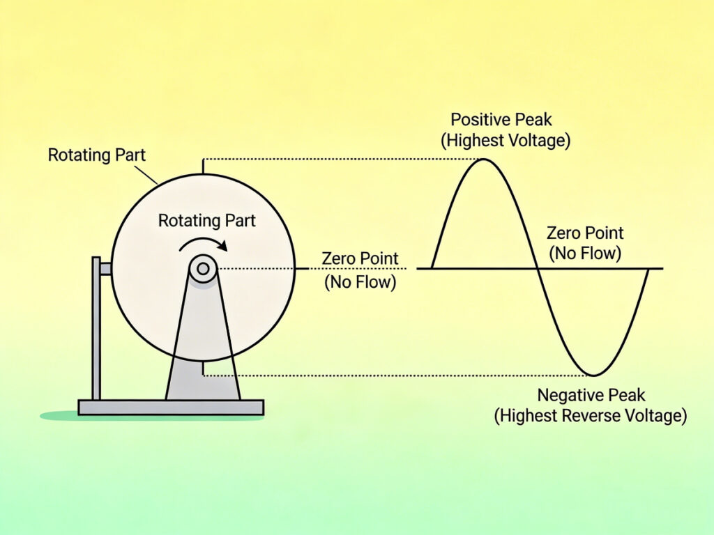 Diagram connecting generator rotation with the positive and negative parts of a sine wave.