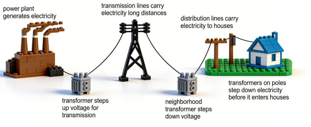 Power plant, transformers, transmission lines, distribution lines, and house showing the AC power-delivery chain.
