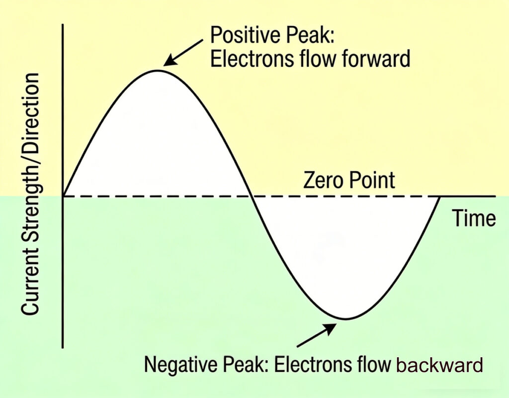 AC sine wave labeled with positive peak, zero crossings, negative peak, current direction, and time.