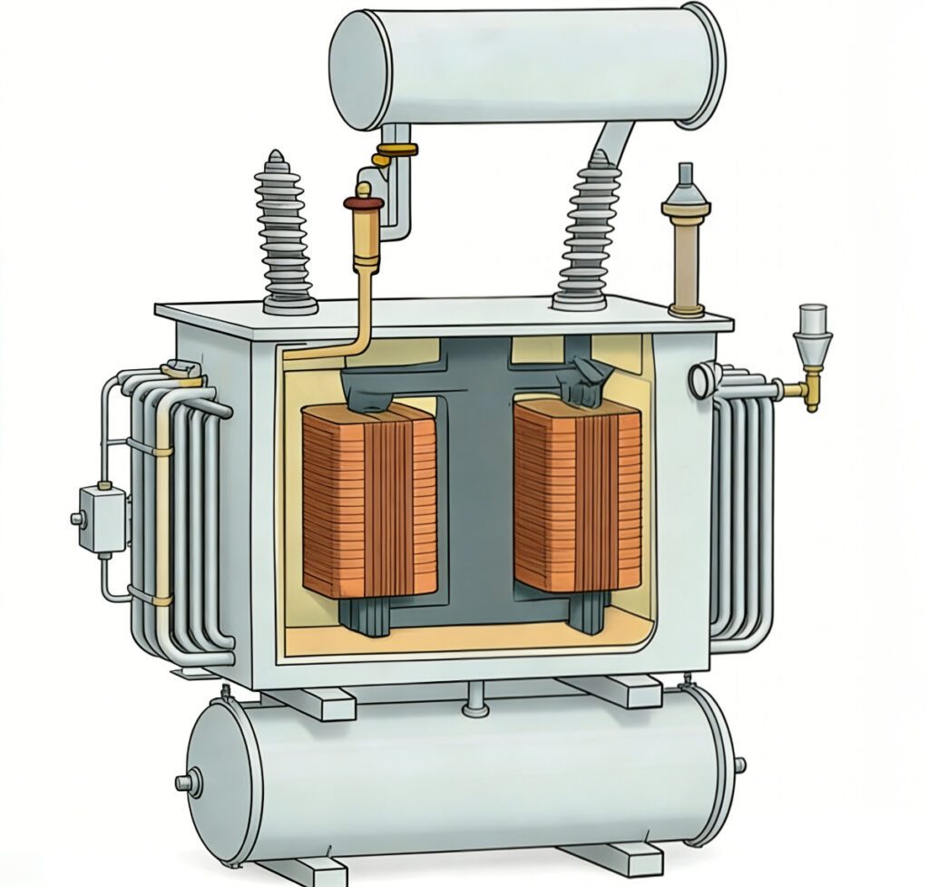 Cutaway illustration of a power transformer with copper windings, magnetic core, bushings, cooling pipes, and oil tanks.