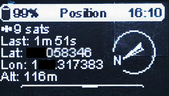 Meshtastic node OLED screen showing GPS location info