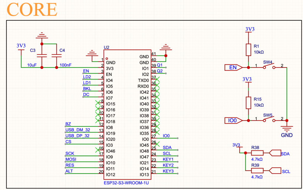 Close-up of the schematic core section showing the ESP32-S3 module, reset and boot buttons, and I2C pull-up resistors.