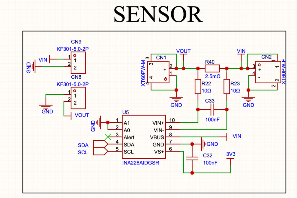 Close-up of the schematic sensor section showing the INA226, shunt resistor, input and output connectors, and I2C lines.